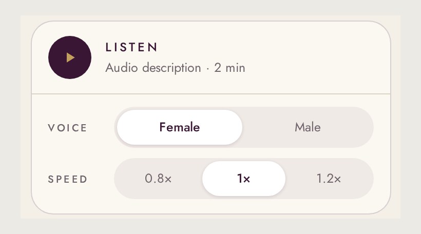 영문 작품 페이지의 읽어주기 버튼. Listen, Audio description 2 min, 목소리 Female/Male, 속도 0.8x/1x/1.2x 선택